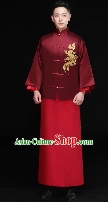 Chinese Traditional Bridegroom Embroidered Costume Ancient Tang Suit Wine Red Clothing for Men