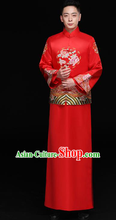 Chinese Traditional Bridegroom Embroidered Peony Costume Ancient Tang Suit Red Clothing for Men