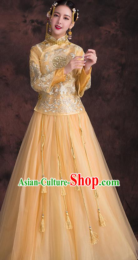 Chinese Traditional Xiuhe Suit Embroidered Yellow Longfeng Flown Ancient Bottom Drawer Wedding Dress for Women