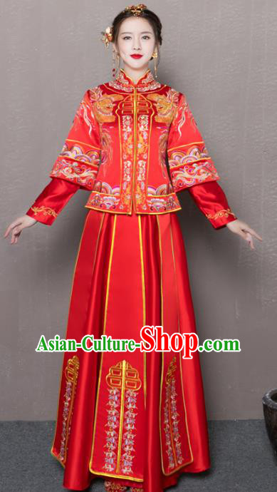Chinese Traditional Xiuhe Suit Longfeng Flown Ancient Embroidered Red Wedding Dress for Women