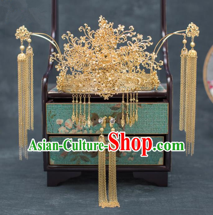 Chinese Ancient Hanfu Wedding Hair Accessories Traditional Golden Phoenix Coronet Hairpins for Women