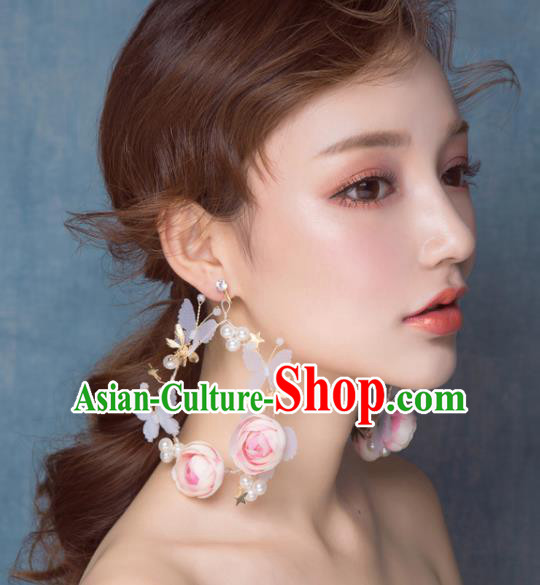 Top Grade Bride Wedding Accessories Pink Rose Earrings for Women