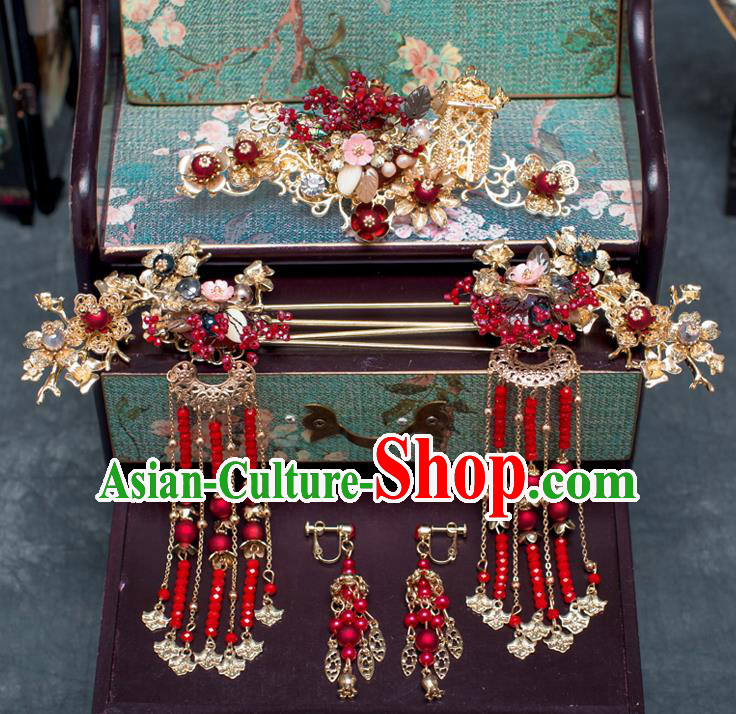 Chinese Ancient Hanfu Wedding Red Beads Hair Accessories Traditional Tassel Hairpins for Women