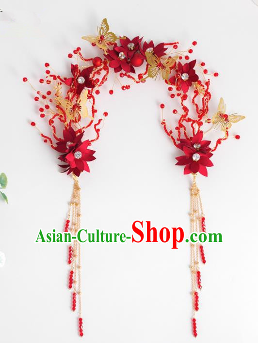 Chinese Ancient Hanfu Wedding Red Flowers Hair Clasp Hair Accessories Traditional Tassel Hairpins for Women