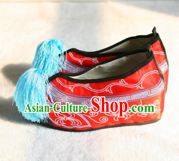 Chinese Traditional Beijing Opera Red Embroidered Shoes Beijing Opera Diva Cloth Shoes for Women
