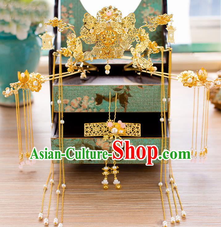 Chinese Ancient Golden Phoenix Coronet Wedding Hair Accessories Traditional Hairpins for Women