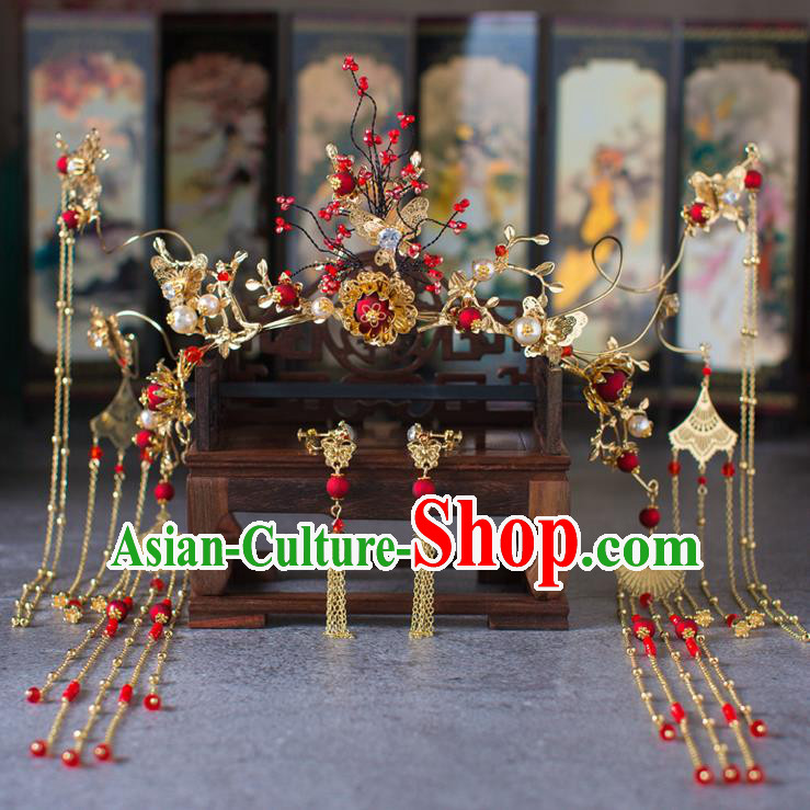 Chinese Ancient Red Beads Phoenix Coronet Wedding Hair Accessories Traditional Hairpins for Women
