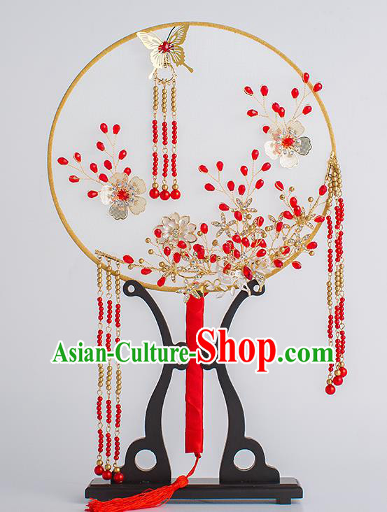 Chinese Traditional Palace Fans Ancient Bride Wedding Red Beads Tassel Round Fans for Women