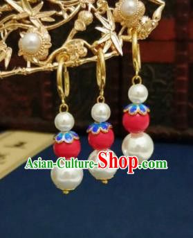 Chinese Ancient Red and White Beads Earrings Qing Dynasty Manchu Palace Lady Ear Accessories for Women