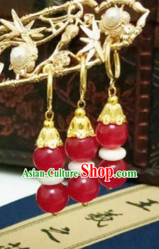 Chinese Ancient Red Beads Earrings Qing Dynasty Manchu Palace Lady Ear Accessories for Women