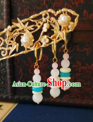 Chinese Ancient Three Strings Jade Beads Earrings Qing Dynasty Manchu Palace Lady Ear Accessories for Women