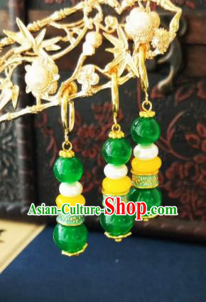 Chinese Ancient Three Strings Green Beads Earrings Qing Dynasty Manchu Palace Lady Ear Accessories for Women