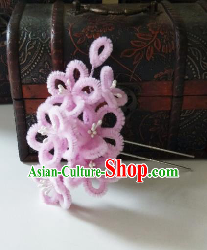Chinese Ancient Qing Dynasty Hair Accessories Pink Velvet Flowers Hairpins for Women