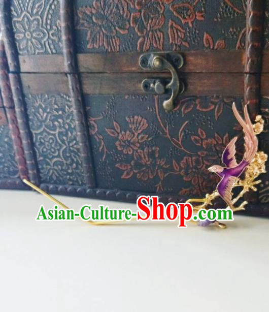 Chinese Ancient Qing Dynasty Hair Accessories Palace Purple Bird Hairpins for Women