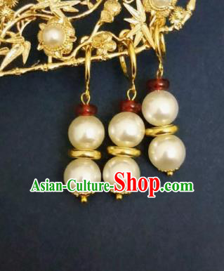 Chinese Ancient Pearls Earrings Qing Dynasty Manchu Palace Lady Three Strings Ear Accessories for Women