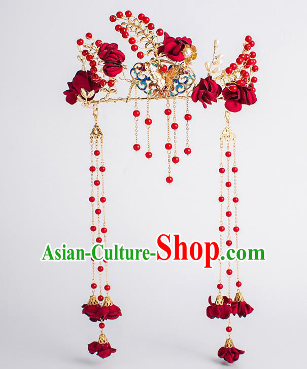 Chinese Traditional Wedding Bride Red Rose Phoenix Coronet Ancient Hair Accessories Hairpins for Women