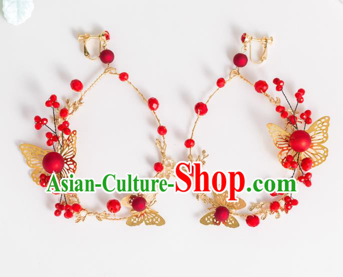 Top Grade Chinese Bride Wedding Accessories Red Beads Butterfly Earrings for Women