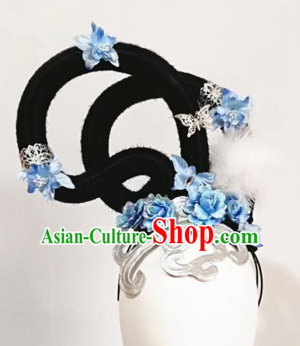 Chinese Traditional Beijing Opera Diva Hair Accessories Classical Dance Wig and Blue Flowers Headwear for Women