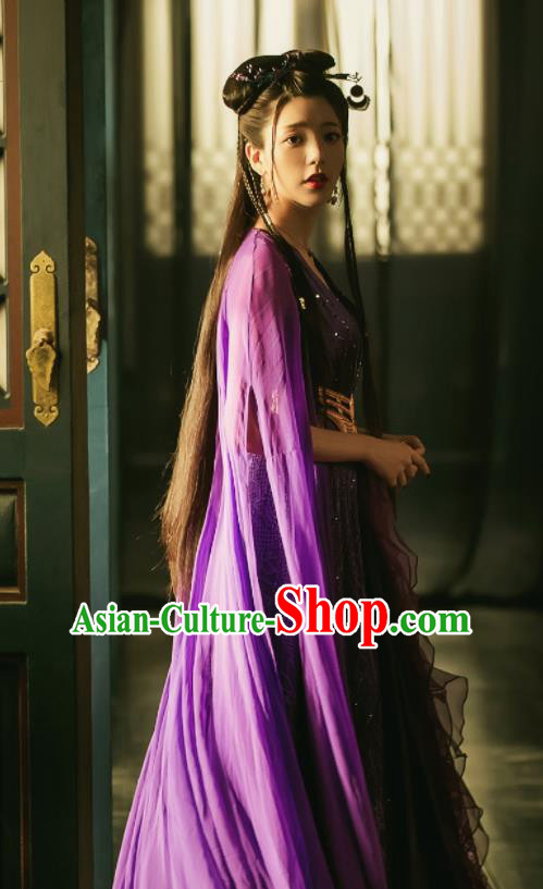Chinese Ancient Peri Costume Traditional Princess Purple Dress for Women