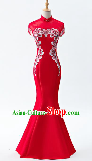 Chinese Traditional National Wedding Cheongsam Compere Chorus Costume Red Full Dress for Women