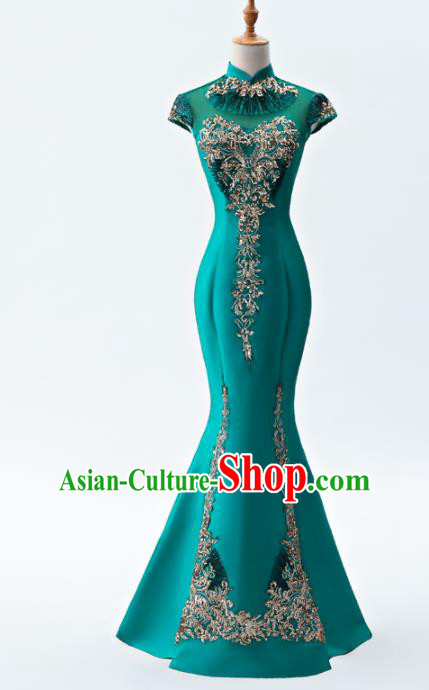 Chinese Traditional National Wedding Cheongsam Compere Chorus Costume Green Full Dress for Women