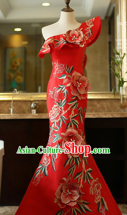 Top Grade Catwalks Embroidered Red Full Dress Compere Chorus Costume for Women