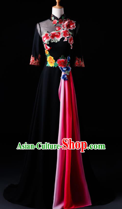 Chinese Traditional National Black Cheongsam Compere Chorus Costume Folk Dance Full Dress for Women