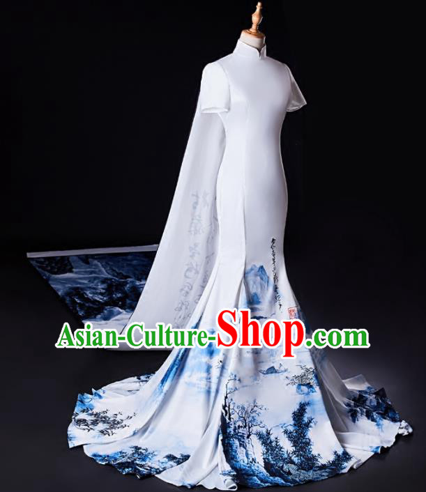 Chinese Traditional National Cheongsam Compere Chorus Costume White Full Dress for Women