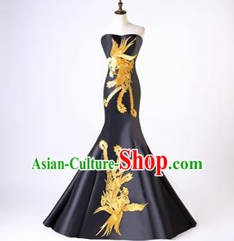 Chinese Traditional Phoenix Pattern Black Mermaid Full Dress Compere Chorus Costume for Women