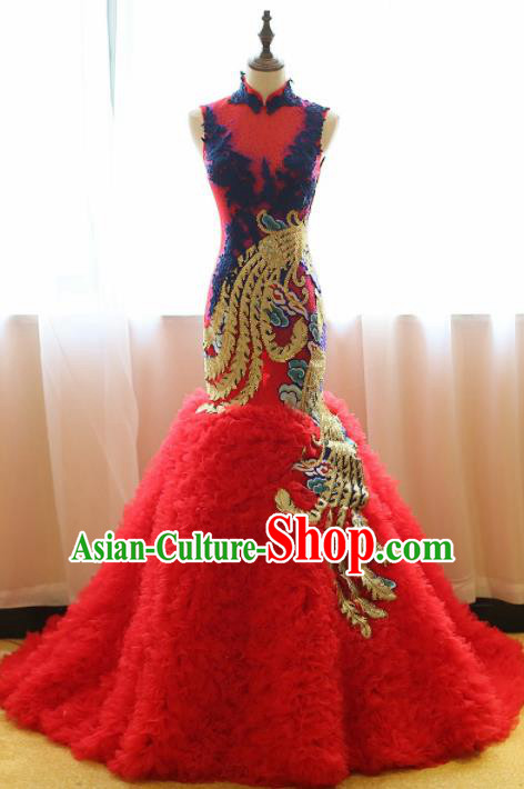 Chinese Traditional Compere Red Trailing Full Dress Embroidered Phoenix Cheongsam Chorus Costume for Women