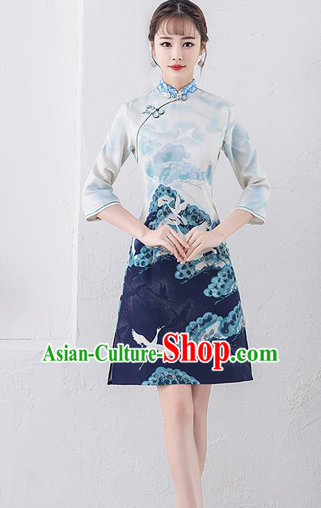 Chinese Traditional Full Dress Printing Crane Cheongsam Compere Costume for Women