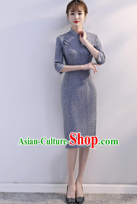 Chinese Traditional Full Dress Blue Cheongsam Compere Costume for Women