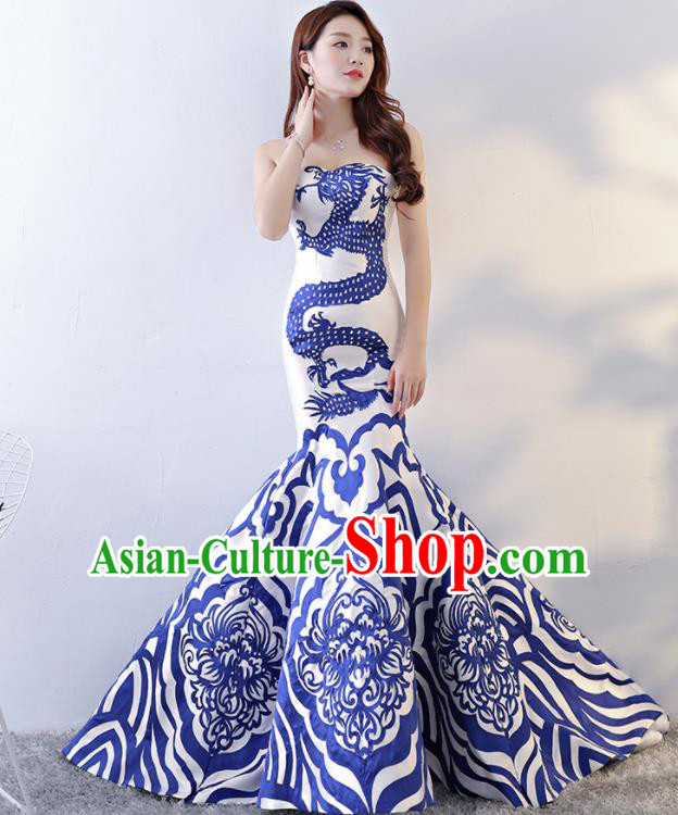 Chinese Traditional Qipao Dress Printing Dragon Trailing Cheongsam Compere Costume for Women