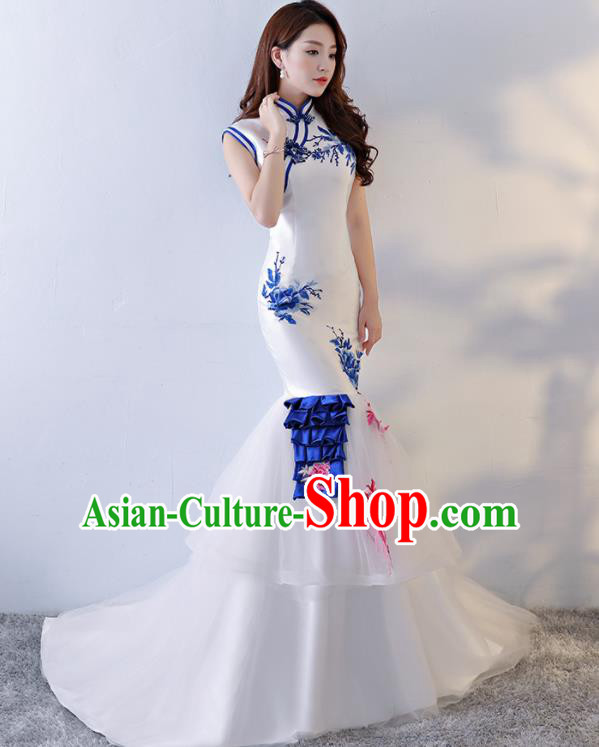 Chinese Traditional Qipao Dress White Veil Trailing Cheongsam Compere Costume for Women
