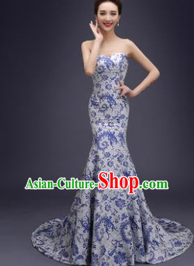 Chinese Traditional Qipao Dress Trailing Cheongsam Compere Costume for Women