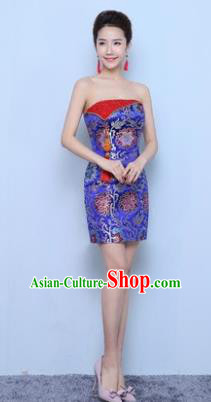 Chinese Traditional Qipao Dress Royalblue Short Cheongsam Compere Costume for Women