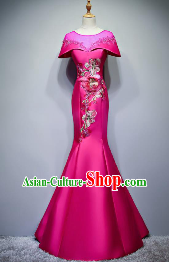 Chinese Traditional Embroidered Rosy Full Dress Compere Chorus Costume for Women