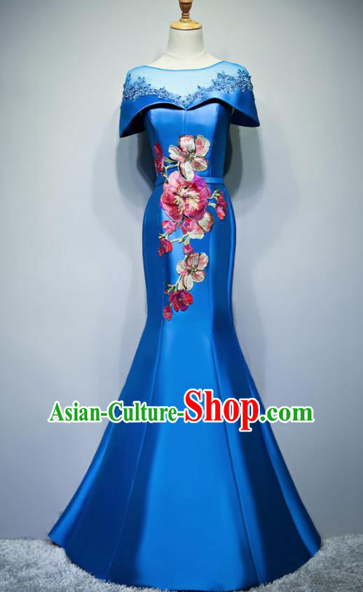 Chinese Traditional Embroidered Blue Full Dress Compere Chorus Costume for Women