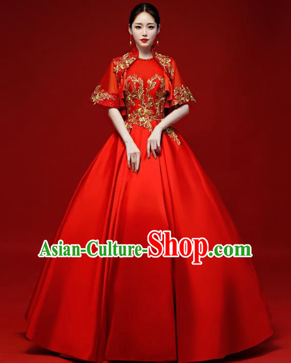 Chinese Traditional National Red Wedding Dress Compere Chorus Costume Full Dress for Women