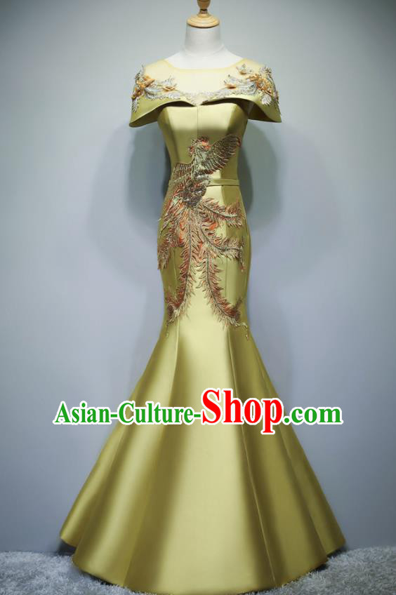 Chinese Traditional Embroidered Phoenix Yellow Full Dress Compere Chorus Costume for Women
