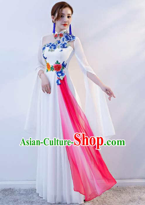 Chinese Traditional National White Cheongsam Compere Chorus Costume Full Dress for Women