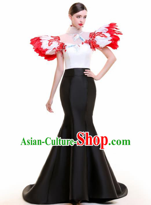 Top Grade Catwalks Feather Black Trailing Full Dress Compere Chorus Costume for Women