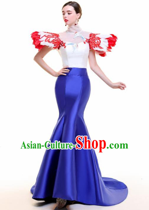 Top Grade Catwalks Feather Royalblue Trailing Full Dress Compere Chorus Costume for Women