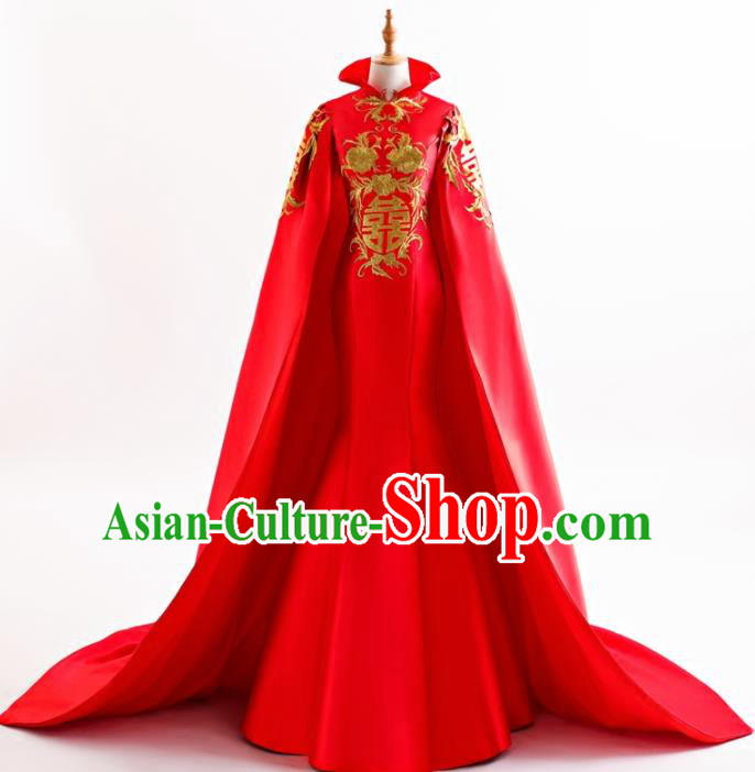 Chinese Traditional Embroidered Peony Cheongsam Red Full Dress Compere Chorus Costume for Women