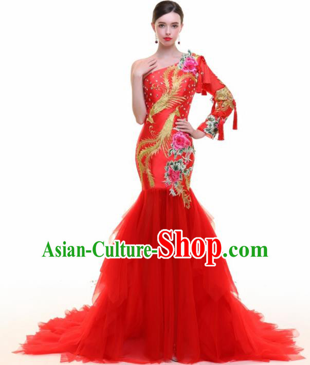 Chinese Traditional Embroidered Phoenix Peony Red Full Dress Compere Chorus Costume for Women