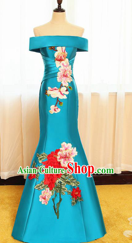 Chinese Traditional Embroidered Peony Off Shoulder Blue Full Dress Compere Chorus Costume for Women