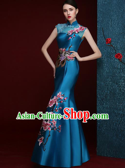 Chinese Traditional Compere Full Dress Embroidered Mangnolia Blue Cheongsam Chorus Costume for Women