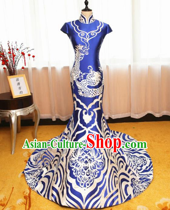 Chinese Traditional Catwalks Blue Cheongsam Compere Chorus Costume for Women