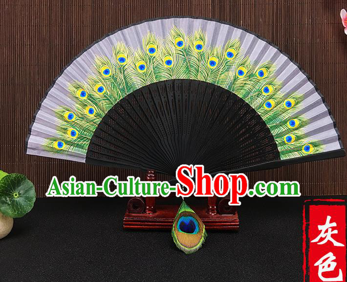 Chinese Traditional Craft Printing Peacock Feather Grey Folding Fans
