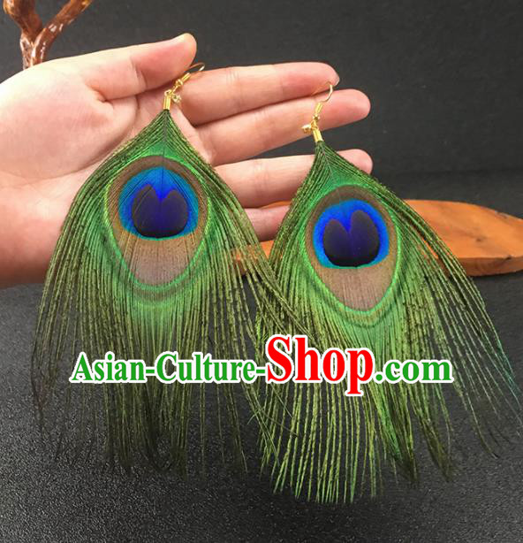 Chinese National Craft Traditional Peacock Feather Earrings for Women